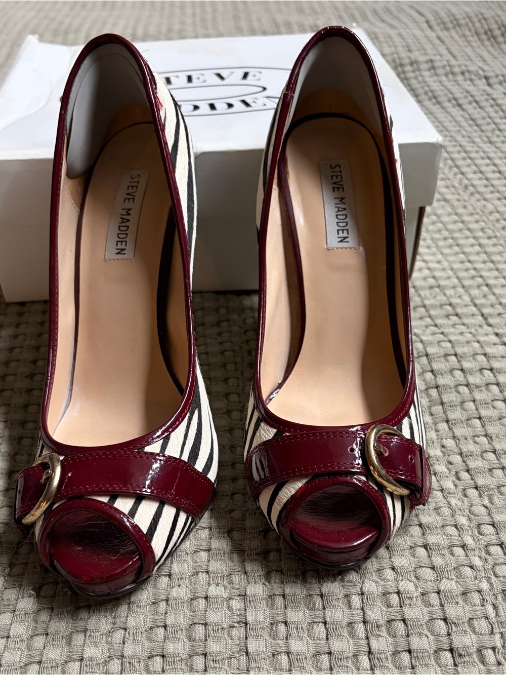 Steve Madden Burgundy Patent Peep-Toe Pumps with Black & White zebra